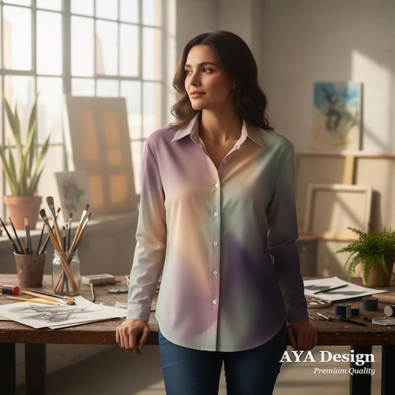 Aura Print Button Down Shirt | Pastel Watercolor Gradient Blouse, Fairycore Top