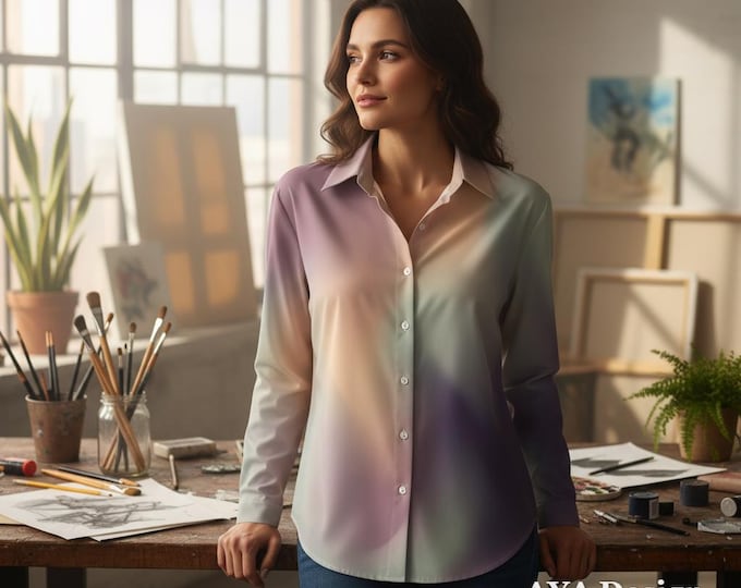 Aura Print Button Down Shirt | Pastel Watercolor Gradient Blouse, Fairycore Top