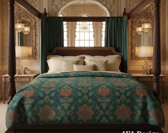 Mughal Floral Fleece Throw Blanket, Emerald Green Bohemian Couch Throw