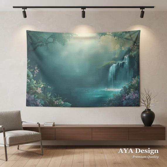 Enchanted Forest Waterfall Tapestry – Mystical Teal Landscape Wall Hanging, Peach Skin Fabric Portal Art