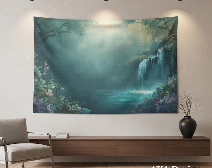 Enchanted Forest Waterfall Tapestry – Mystical Teal Landscape Wall Hanging, Peach Skin Fabric Portal Art