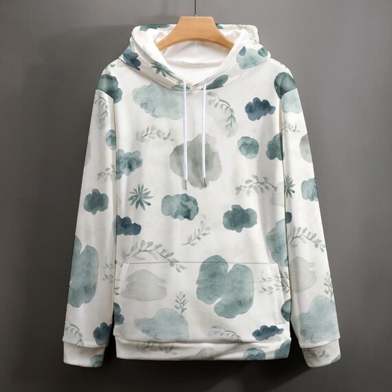 Watercolor Cloud Botanical Hoodie, Nature Leaf Print Pullover, Cozy Boho Sweater
