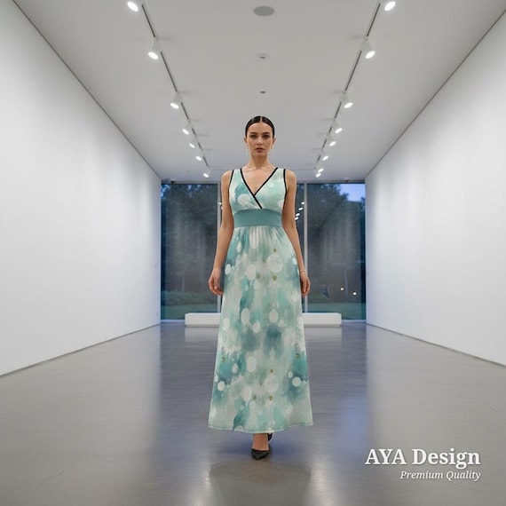 Watercolor Abstract Maxi Dress, Sleeveless V-Neck Flowy Resort Wear