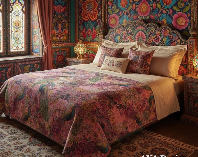 Pakistani Truck Art Peacock Fleece Throw Blanket | Maximalist Boho South Asian Home Decor