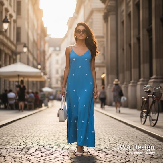 Blue Butterfly Maxi Dress | Y2K Spaghetti Strap Sundress | Summer Vacation Outfit