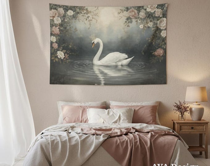 Vintage Swan Tapestry | Moody Floral Wall Hanging, Dark Cottagecore Decor (60x40)