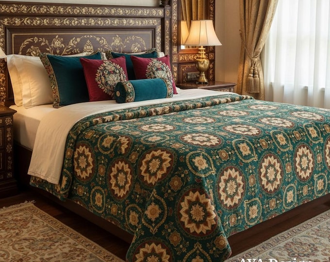 Emerald Green Mughal Mandala Blanket | Boho Indian Paisley Fleece Throw | South Asian Decor