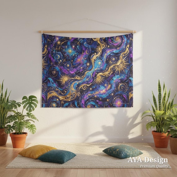 Celestial Starry Night Tapestry, Cosmic Galaxy Wall Hanging, Boho Dorm Decor 60x40