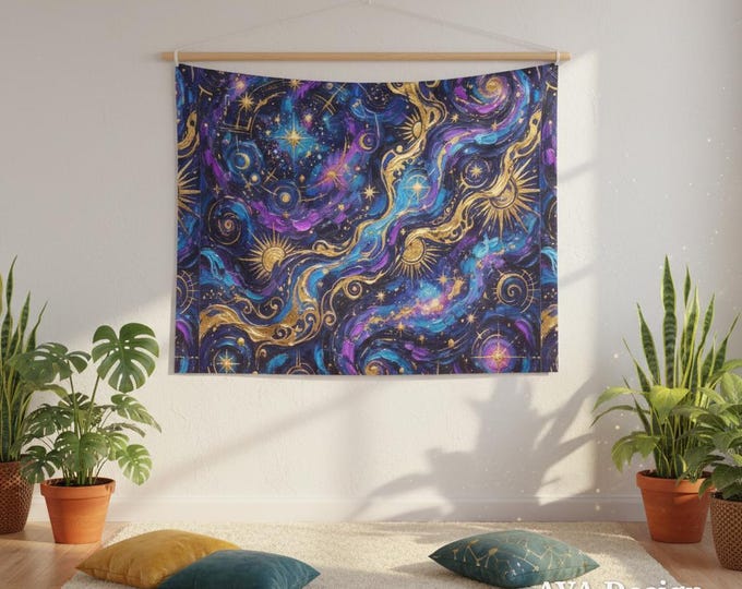 Celestial Starry Night Tapestry, Cosmic Galaxy Wall Hanging, Boho Dorm Decor 60x40