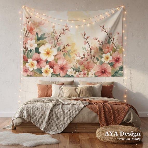 Watercolor Floral Tapestry | Tropical Hibiscus Cherry Blossom Decor | Pastel Boho Wall Hanging