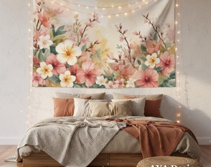 Watercolor Floral Tapestry | Tropical Hibiscus Cherry Blossom Decor | Pastel Boho Wall Hanging