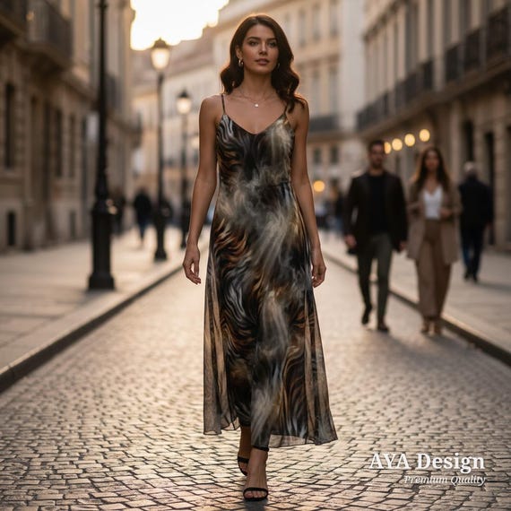 Abstract Tiger Print Maxi Dress | Smoky Animal Print Resort Wear, Boho Summer Style