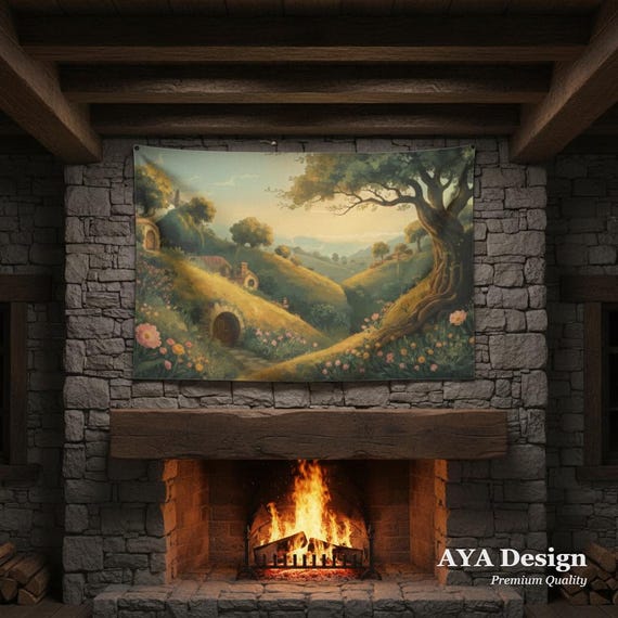 Cottagecore Room Decor Tapestry, Fantasy Landscape Wall Hanging, Magical Hobbit Valley Art, Fairycore Wall Decor, Book Nook Gift, 60x40