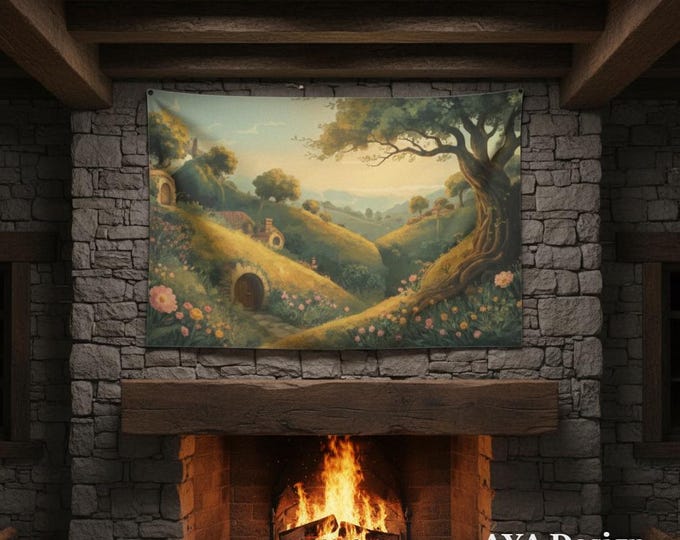 Cottagecore Room Decor Tapestry, Fantasy Landscape Wall Hanging, Magical Hobbit Valley Art, Fairycore Wall Decor, Book Nook Gift, 60x40