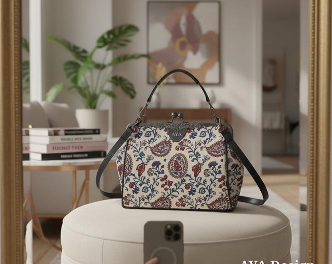 Personalized Floral Kisslock Bag, Vintage Paisley Vegan Leather Crossbody Purse