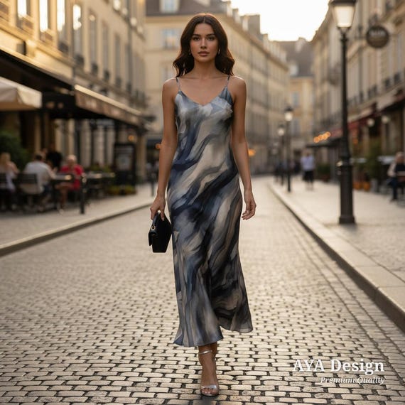 Abstract Watercolor Maxi Dress | Smoky Marble Spaghetti Strap Evening Gown