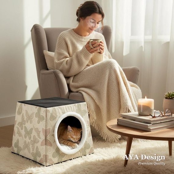 Vintage Butterfly Cat Cave Bed | Cozy Small Dog House, Pet Tent Hideaway