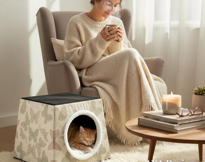 Vintage Butterfly Cat Cave Bed | Cozy Small Dog House, Pet Tent Hideaway