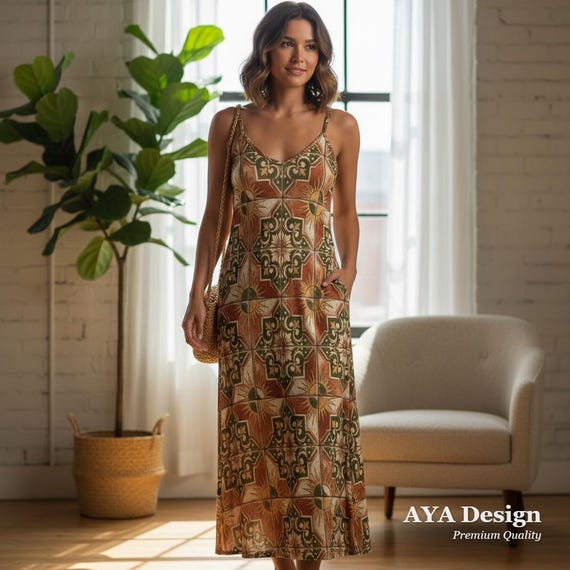 Italian Tile Print Maxi Dress, Mediterranean Majolica Slip Sundress, Tuscan Boho Pockets