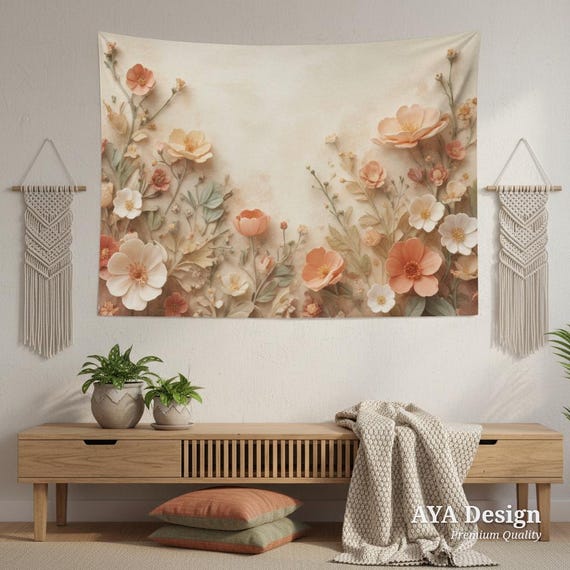 Pastel Floral Tapestry, 3D Paper Cut Style Botanical Wall Art, Vintage Peach Wildflower Hanging