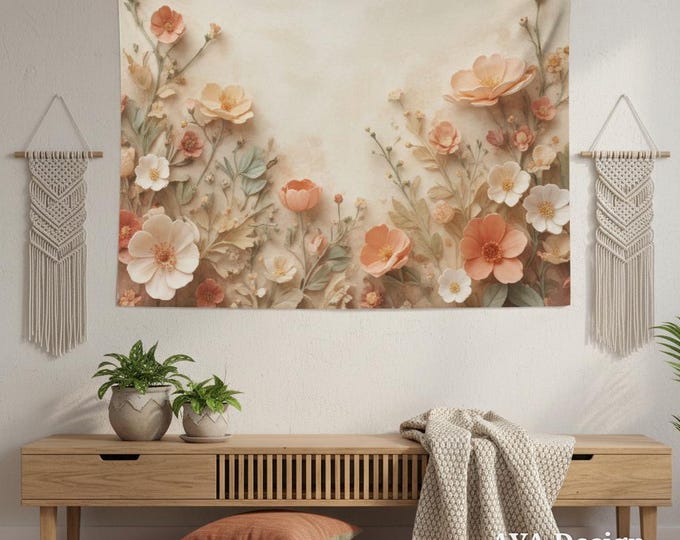 Pastel Floral Tapestry, 3D Paper Cut Style Botanical Wall Art, Vintage Peach Wildflower Hanging