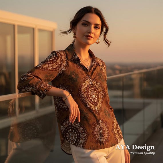 Boho Mandala Print Button Down Shirt | Burnt Orange Earthy Tone Blouse