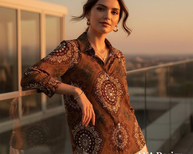 Boho Mandala Print Button Down Shirt | Burnt Orange Earthy Tone Blouse