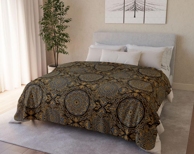Featured listing image: Mughal Gold Mandala Sherpa Blanket – Bohemian Blue Fleece Throw & Cozy Bedding Decor