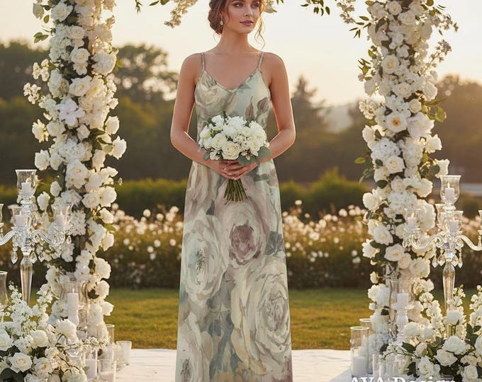 Watercolor Floral Maxi Dress, Vintage English Rose, Botanical Garden Party Gown