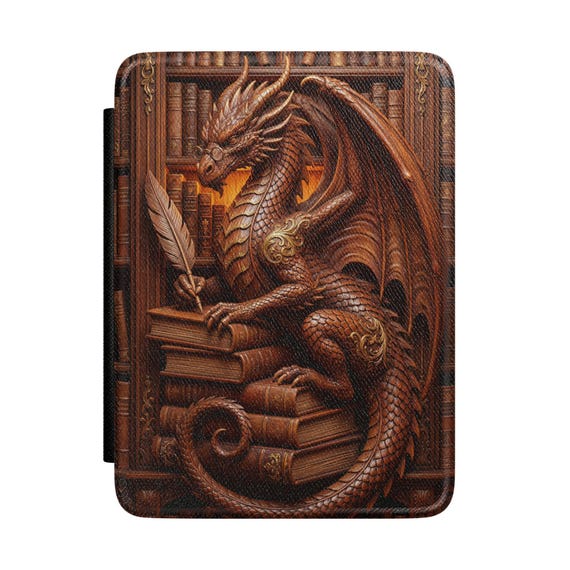 Bronze Dragon on Books Kindle Case | Fantasy Library Tablet Cover