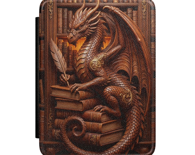 Bronze Dragon on Books Kindle Case | Fantasy Library Tablet Cover