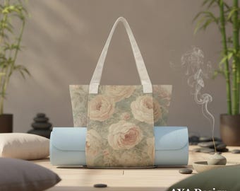 花柄ヨガマットトートバッグ｜水彩画風ローズピラティスキャリー、コットンリネンスタジオジムバッグ
