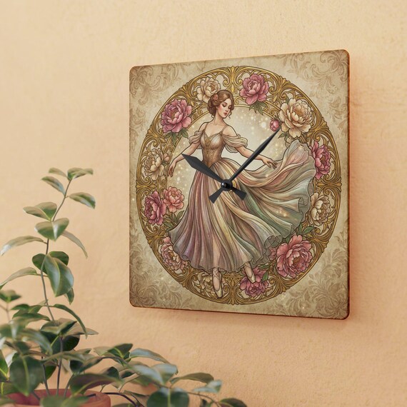 Art Nouveau Ballerina Acrylic Wall Clock | Floral Vintage Dance Illustration