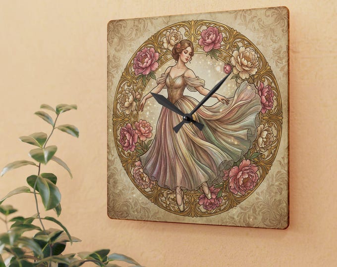 Art Nouveau Ballerina Acrylic Wall Clock | Floral Vintage Dance Illustration