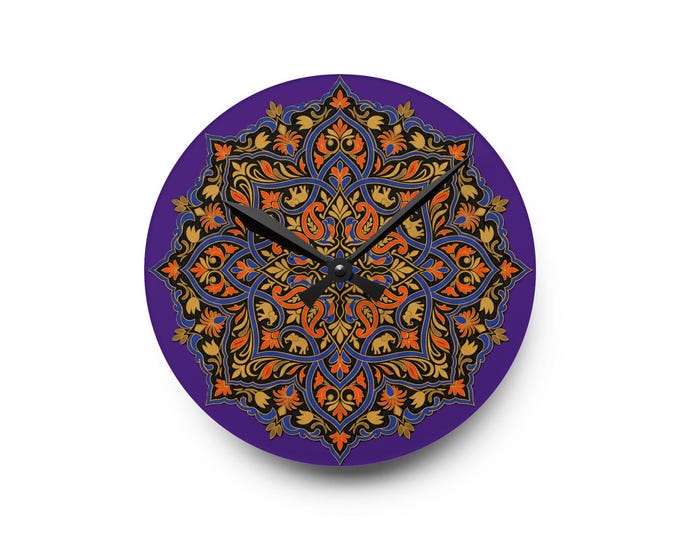 Mughal Star Mandala Wall Clock | Purple & Gold Indian Art Decor