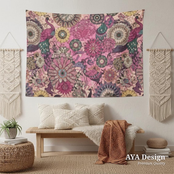 Pakistani Truck Art Tapestry | Pink Floral Peacock Wall Hanging | Boho Dorm Decor (60x40")