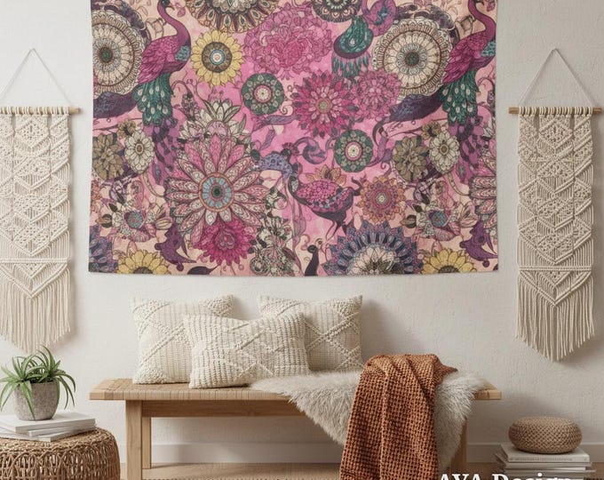 Pakistani Truck Art Tapestry | Pink Floral Peacock Wall Hanging | Boho Dorm Decor (60x40")