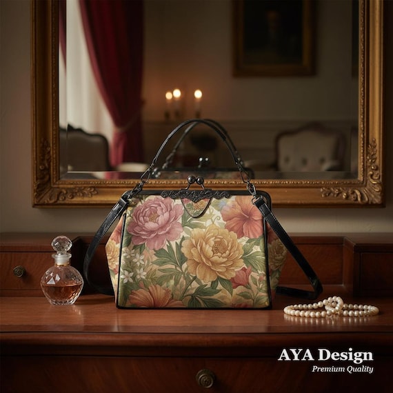 Vintage Floral Kisslock Bag, Cottagecore Botanical Clasp Handbag, Vegan Leather Top Handle Purse