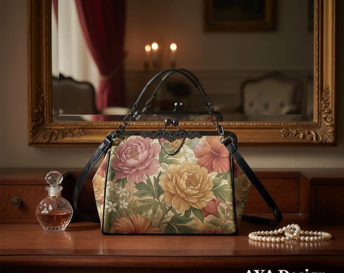 Vintage Floral Kisslock Bag, Cottagecore Botanical Clasp Handbag, Vegan Leather Top Handle Purse