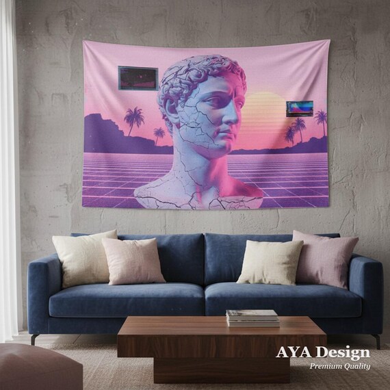 Vaporwave Tapestry Greek Statue Glitch - Pastel Neon Lofi Retro Wall Art Decor