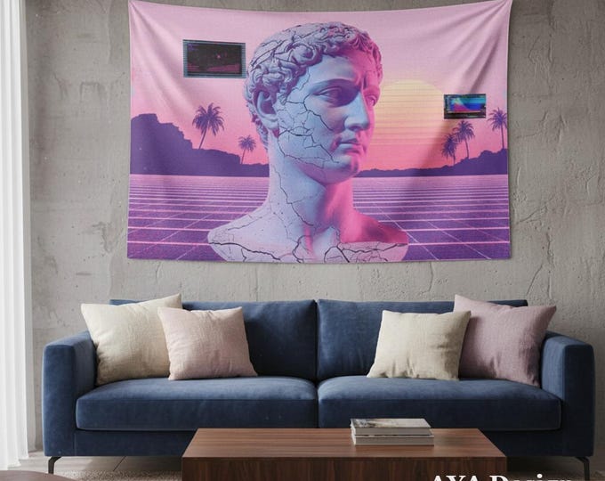 Vaporwave Tapestry Greek Statue Glitch - Pastel Neon Lofi Retro Wall Art Decor