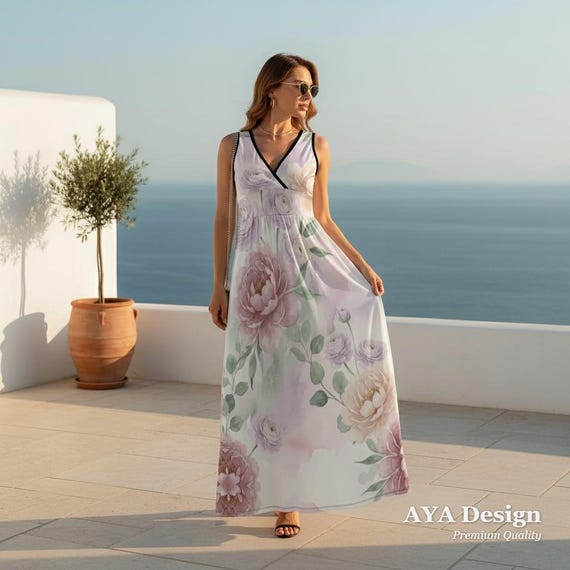 Watercolor Floral Maxi Dress, Romantic V-Neck Summer Sundress, Pastel Garden Party Resort Wear