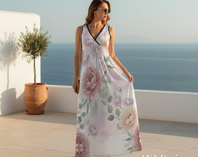 Watercolor Floral Maxi Dress, Romantic V-Neck Summer Sundress, Pastel Garden Party Resort Wear