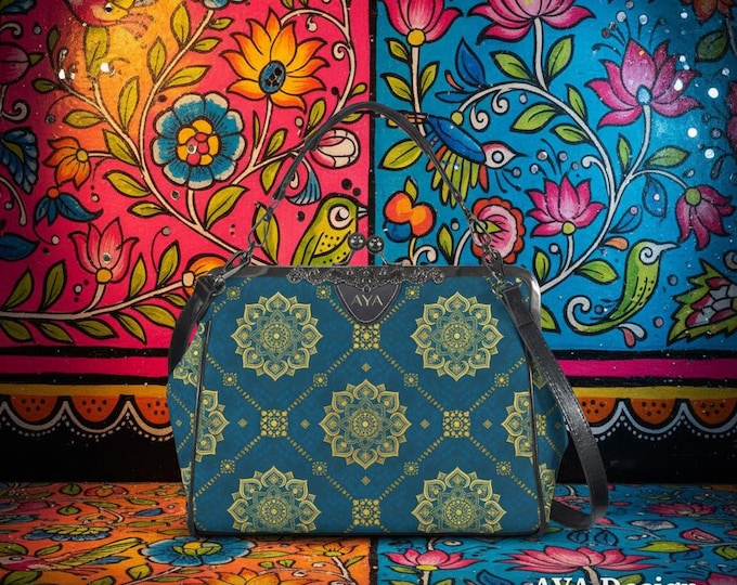Teal Mandala Kisslock Crossbody Bag | Boho Vegan Leather Shoulder Purse
