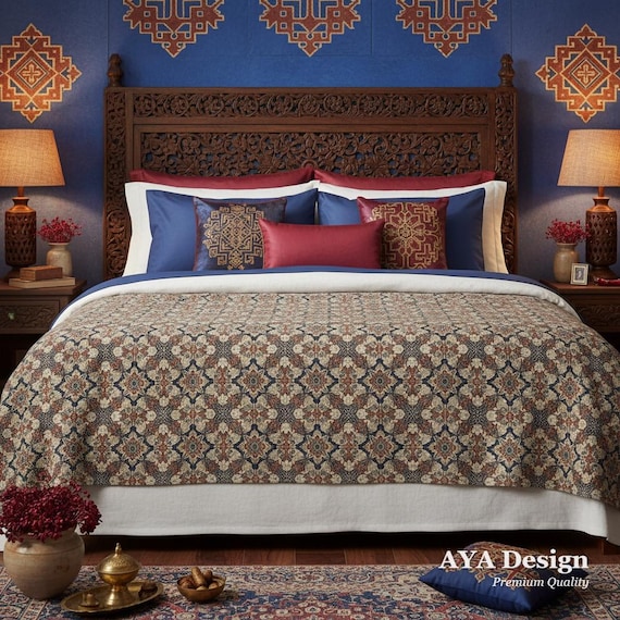 Ajrak Pattern Fleece Throw Blanket | Pakistani Block Print Cozy Bedding, South Asian Boho Decor