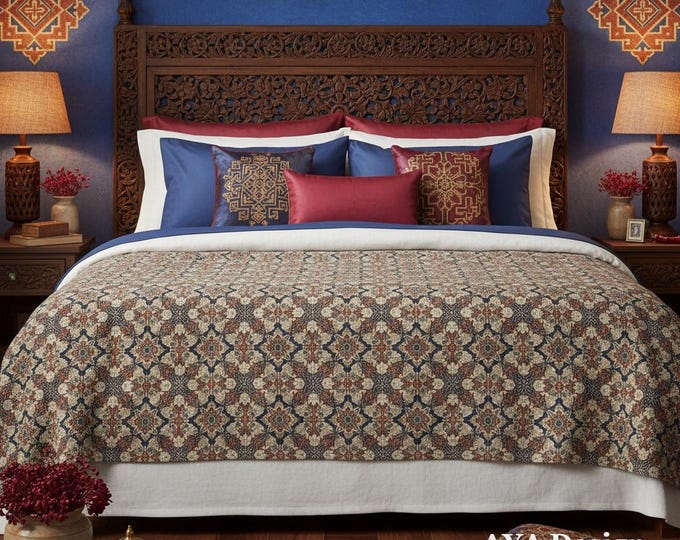 Ajrak Pattern Fleece Throw Blanket | Pakistani Block Print Cozy Bedding, South Asian Boho Decor