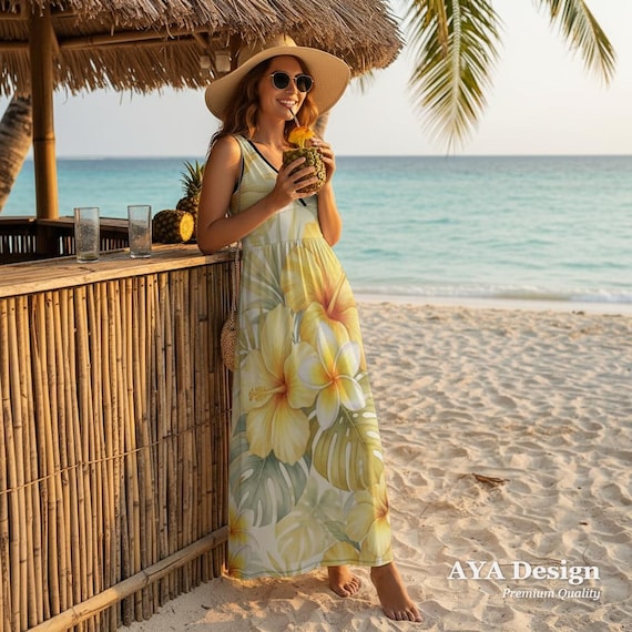 Yellow Hibiscus Floral Maxi Dress | V-Neck Sleeveless Summer Sundress, Beach Resort Wear