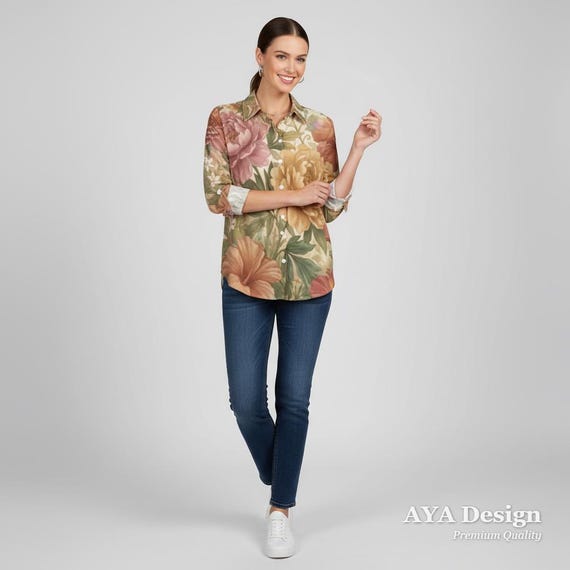 Vintage Botanical Peony Print Button Down Shirt, Irregular Hem Blouse