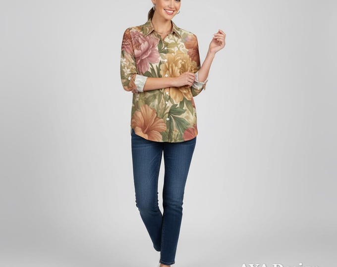Vintage Botanical Peony Print Button Down Shirt, Irregular Hem Blouse