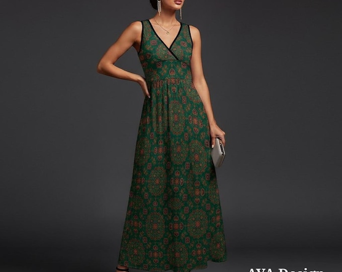 Emerald Green Boho Sundress, Vintage Medallion Print, V-Neck, Sleeveless Summer Vacation Outfit